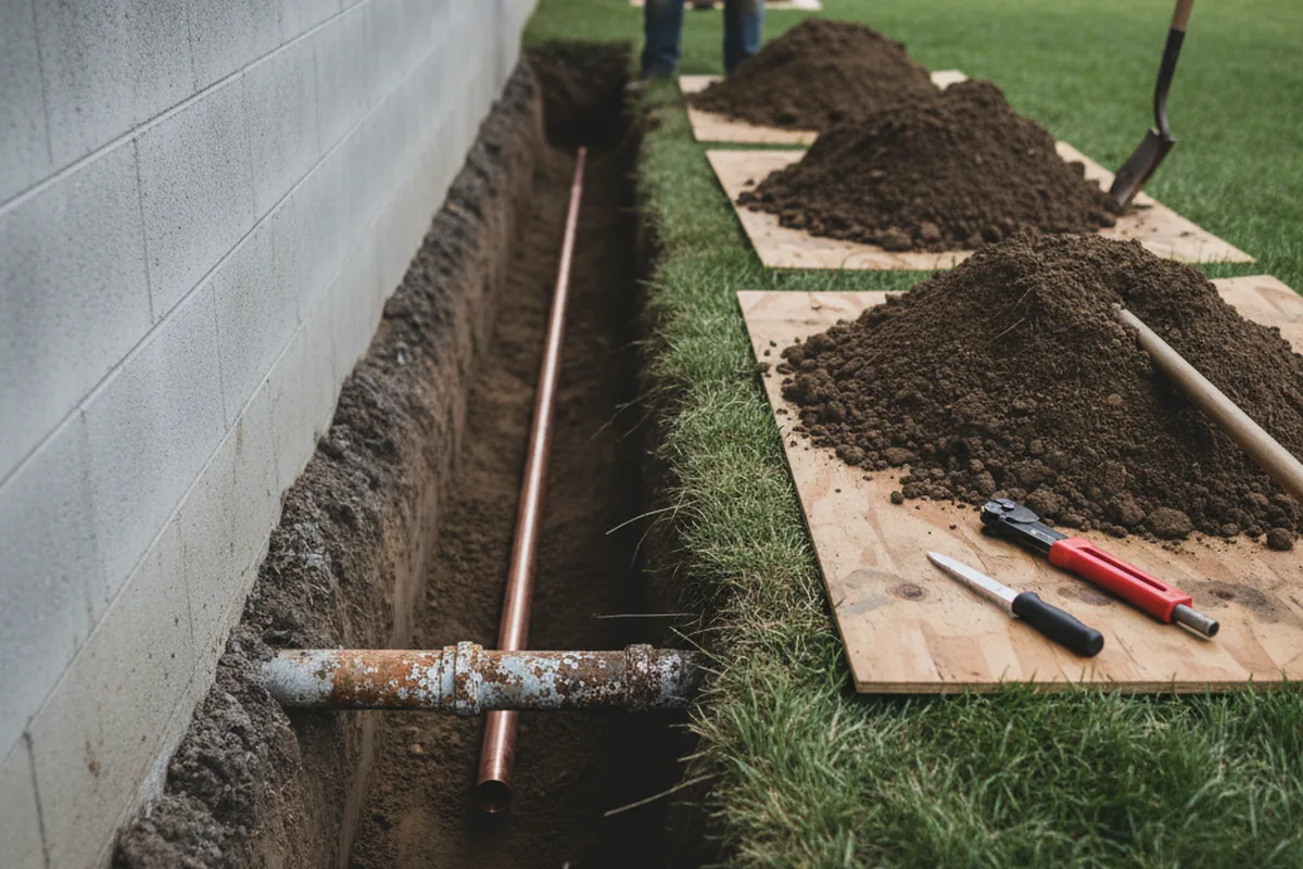 Excavated water line trench during Water Heater Repair in Gladwyne